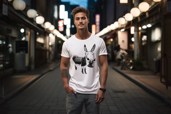 Man in a white round-neck t-shirt with donkey print, standing on a city street at night