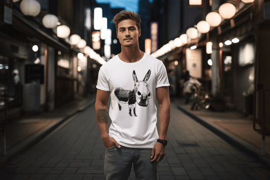 Man in a white round-neck t-shirt with donkey print, standing on a city street at night